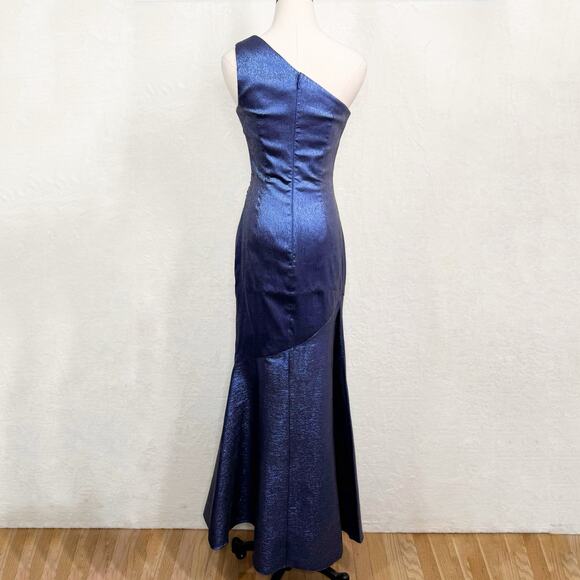 Theia One Shoulder Ruched Gown Sail Blue Silk Metallic Formal Wedding Size 2 - Picture 8 of 14